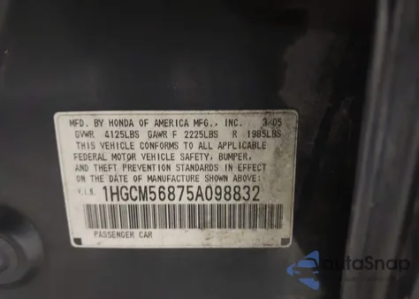 2005 Honda Accord 2.4 Ex из США, поврежденный, VIN 1HGCM56875A098832